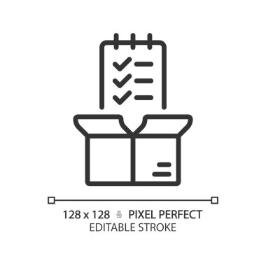 Piksel mükemmel düzenlenebilir siyah kalite kontrol simgesi, izole vektör, ürün yönetimi ince çizgi illüstrasyonu.