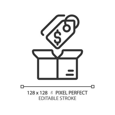 Piksel mükemmel düzenlenebilir siyah fiyat etiketleme simgesi, izole vektör, ürün yönetimi ince çizgi illüstrasyonu.