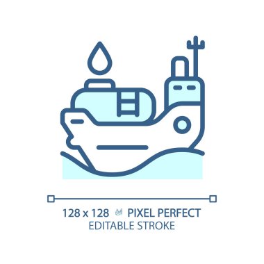 Petrol tankeri açık mavi ikon. Kargo gemisi. Denizcilik endüstrisi. Yağ taşımacılığı. Petrol tankeri. RGB renk işareti. Basit bir tasarım. Web sembolü. Contour hattı. Düz çizim. Ayrı nesne
