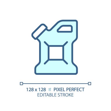 Jerrycan açık mavi ikonu. Plastik kutu. Jerry yapabilir. Motor yağı şişesi. Yakıt bidonu. Benzin bidonu. RGB renk işareti. Basit bir tasarım. Web sembolü. Contour hattı. Düz çizim. Ayrı nesne