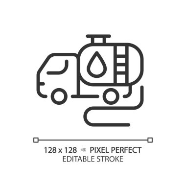 Tank kamyonu doğrusal simgesi. Yakıt nakli. Motorlu araç. Petrol endüstrisi. Benzin kamyonu. Toptan sıvı. İnce çizgili çizim. Contour sembolü. Vektör çizimi. Düzenlenebilir vuruş