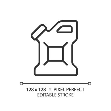 Jerrycan doğrusal simgesi. Plastik kutu. Jerry yapabilir. Motor yağı şişesi. Yakıt bidonu. Benzin bidonu. Yakıt ikmali. İnce çizgili çizim. Contour sembolü. Vektör çizimi. Düzenlenebilir vuruş