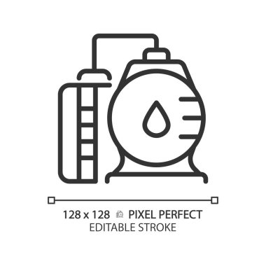 Petrol rafinerisi doğrusal simgesi. Elektrik santrali. Petrol ürünü. Kimya endüstrisi. Enerji üretimi. Depo tankı. İnce çizgili çizim. Contour sembolü. Vektör çizimi. Düzenlenebilir vuruş
