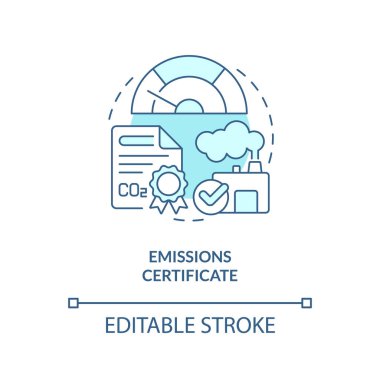 Düzenlenebilir emisyon sertifikası doğrusal konsepti, izole edilmiş vektör, karbon sınır ayarlamasını temsil eden mavi ince çizgi simgesi.