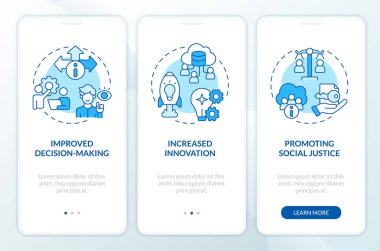 2D blue linear icons representing data democratization mobile app screen set. 3 steps graphic instructions, UI, UX, GUI template.