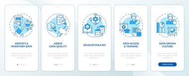2D blue linear icons representing data democratization mobile app screen set. 5 steps graphic instructions, UI, UX, GUI template.