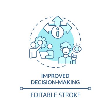 Editable improved decision-making concept blue thin line icon, isolated vector representing data democratization.