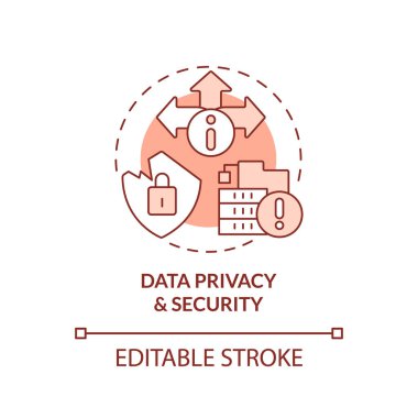 Editable data privacy and security concept red thin line icon, isolated vector representing data democratization.