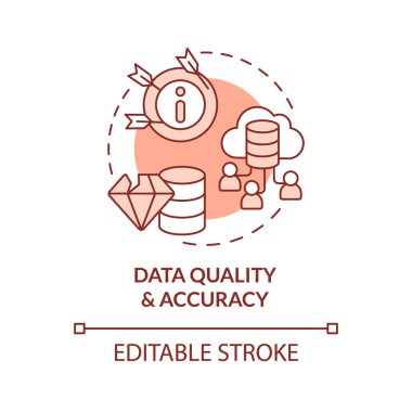 Editable data quality and accuracy concept red thin line icon, isolated vector representing data democratization.