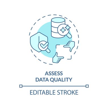Editable assess data quality concept blue thin line icon, isolated vector representing data democratization.