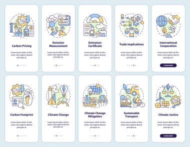2D icons representing carbon border adjustment mobile app screen set. Walkthrough 5 steps colorful graphic instructions with linear concepts, UI, UX, GUI template.