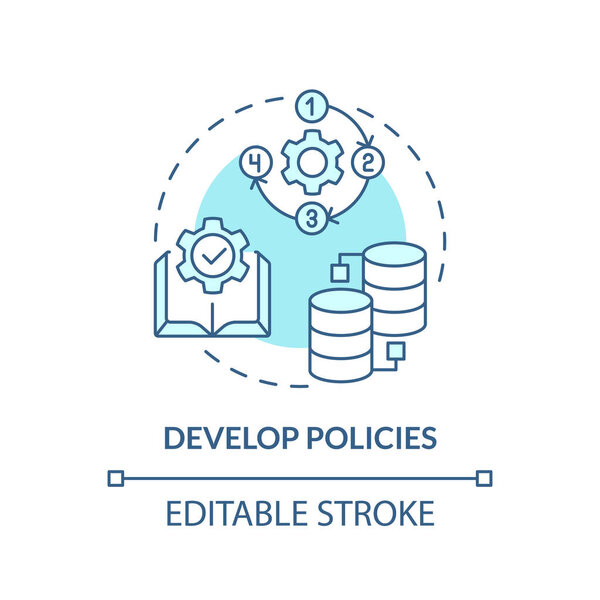 Editable develop policies concept blue thin line icon, isolated vector representing data democratization.