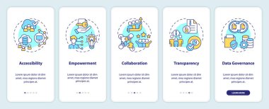 2D linear icons representing data democratization mobile app screen set. 5 steps graphic instructions, UI, UX, GUI template.