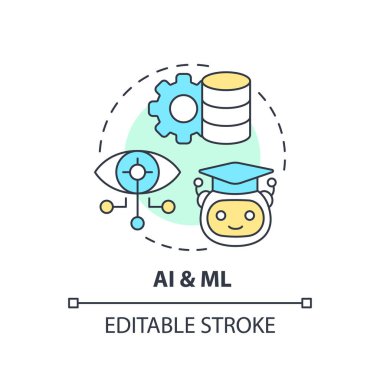 Düzenlenebilir Ai ve ML kavramı ince çizgi simgesi, veri demokratikleşmesini temsil eden izole vektör.