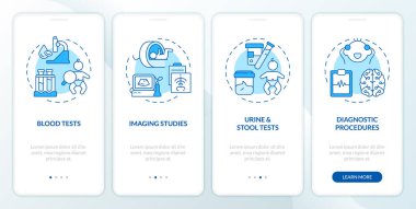 Mobil uygulama ekranındaki mavi çocuklar için teşhis prosedürleri. Doğrusal kavramlarla düzenlenebilir grafik yönergelerini dört adımda gözden geçir. UI, UX, GUI şablonu. Kullanılan sayısız Pro-Kalın, Düzenli yazı tipleri