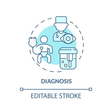 Tanı turkuvaz konsept simgesi. Hastalık belirtileri. Laboratuvar testi. Çocukluk hastalığı. Sağlık hizmetleri. Tıbbi danışmanlık soyut fikir ince çizgi çizimi. İzole bir taslak çizim. Düzenlenebilir vuruş