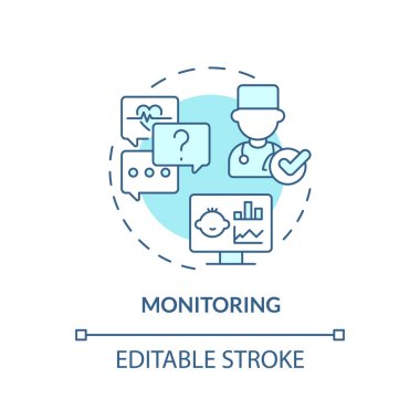 Turkuaz konsept simgesi denetleniyor. Devam et. Sağlık durumu. Çocuk hastalığı. Tıbbi danışman. Çocuk yuvası soyut fikir ince çizgi çizimi. İzole bir taslak çizim. Düzenlenebilir vuruş
