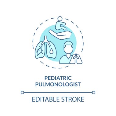 Pediatrik pulmonolog turkuaz konsept ikonu. Solunum sistemi. Akciğer doktoru. Solunum problemi. Çocuk hastanesi soyut fikri ince çizgi çizimi. İzole bir taslak çizim. Düzenlenebilir vuruş