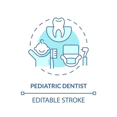 Pediatrik dişçi turkuvaz konsept ikonu. Diş sağlığı kliniği. Ağız sağlığı. Diş tedavisi. Çocuk yuvası. Tıbbi bakım fikri soyut ince çizgi çizimi. İzole bir taslak çizim. Düzenlenebilir vuruş