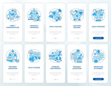Hükümetin mobil uygulama ekranını temsil eden 2D simgeler. İnce çizgi simgeleri konsepti, UI, UX, GUI şablonu ile 5 adım mavi grafik talimatları.