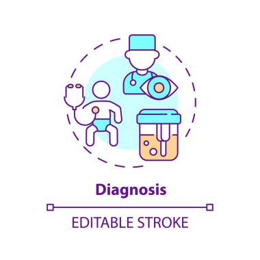 Teşhis konsepti simgesi. Hastalık belirtileri. Laboratuvar testi. Çocukluk hastalığı. Sağlık hizmetleri. Tıbbi danışmanlık soyut fikir ince çizgi çizimi. İzole bir taslak çizim. Düzenlenebilir vuruş