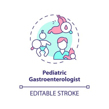 Pediatrik gastroenterolog konsept ikonu. Sindirim sistemi. Mide doktoru. Sağlık hizmetleri pratisyeni. Çocuk kliniği fikri ince çizgi çizimi. İzole bir taslak çizim. Düzenlenebilir vuruş