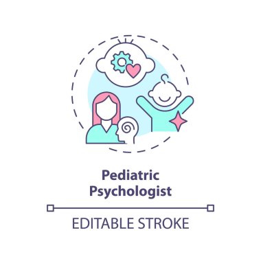 Pediatrik psikolog konsepti ikonu. Akıl sağlığı. İyi olmak. Çocuk terapisti. Duygusal sağIık. Çocuk bakımı hastanesi soyut fikri ince çizgi çizimi. İzole bir taslak çizim. Düzenlenebilir vuruş