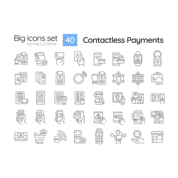 stock vector Contactless payment linear icons set. Debit card. Pay with phone Online banking. Pos terminal. Nfc technology. Customizable thin line symbols. Isolated vector outline illustrations. Editable stroke