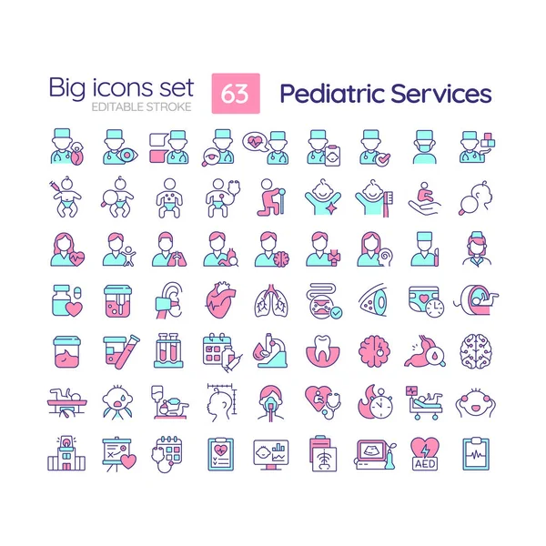 Stock vector Pediatric services RGB color icons set. Child healthcare. Check up. Children hospital. Baby doctor. Isolated vector illustrations. Simple filled line drawings collection. Editable stroke