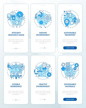 Sürdürülebilir ofis mobil uygulama ekran setini temsil eden 2D simgeler. İnce çizgi simgeleri konsepti, UI, UX, GUI şablonu ile mavi grafik yönergeleri üzerinden yürü.