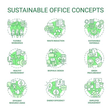 2B düzenlenebilir yeşil simgeler, sürdürülebilir ofis kavramlarını temsil eden, izole edilmiş vektör, ince çizgi monokromatik illüstrasyon.
