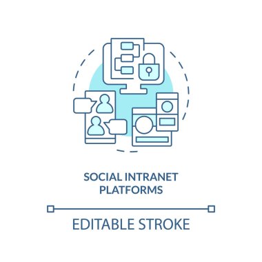 2B düzenlenebilir sosyal intranet platformları ince çizgi mavi ikon konsepti, izole vektör, tek renkli illüstrasyon bilgi yönetimini temsil eder.