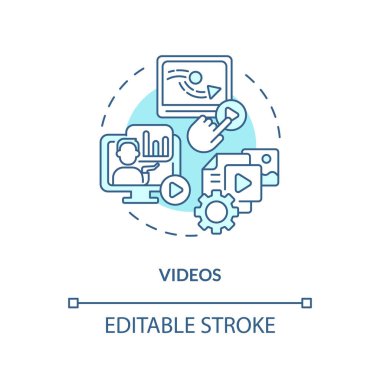 2D düzenlenebilir videolar ince çizgi mavi simge konsepti, izole vektör, bilgi yönetimi temsil eden monokromatik illüstrasyon.