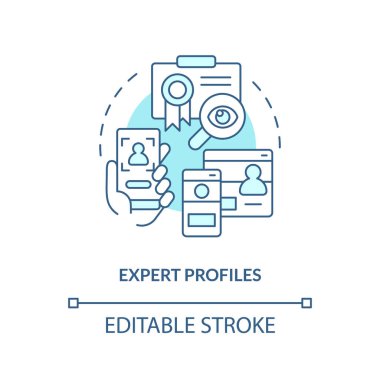 2B düzenlenebilir uzman profilleri ince çizgi mavi simge konsepti, izole vektör, tek renkli illüstrasyon bilgi yönetimini temsil ediyor.