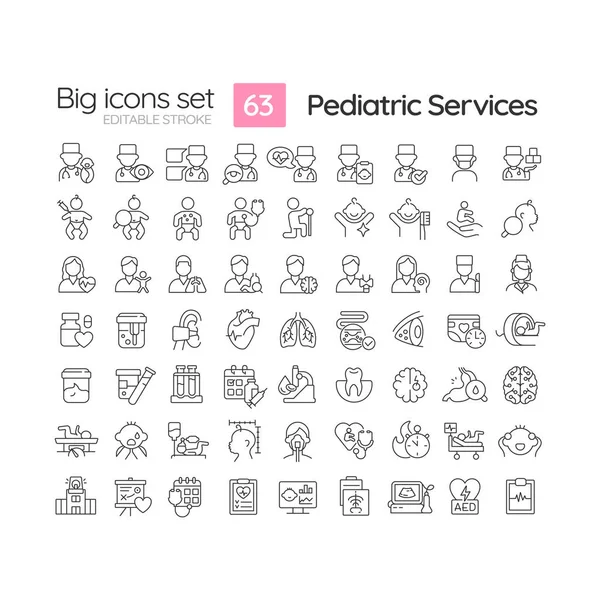 Pediatric Services Linear Icons Set Child Care Young Patient Childhood — Stock Vector