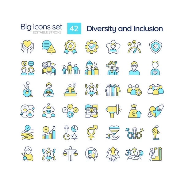 stock vector Diversity and inclusion RGB color icons set. Equal opportunity. Unconscious bias. Social justice. Isolated vector illustrations. Simple filled line drawings collection. Editable stroke