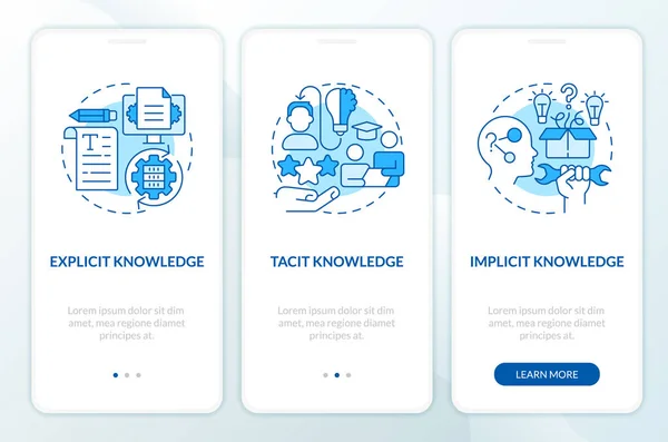 Stock vector 2D line icons representing knowledge management mobile app screen set. 3 steps graphic instructions, UI, UX, GUI template.