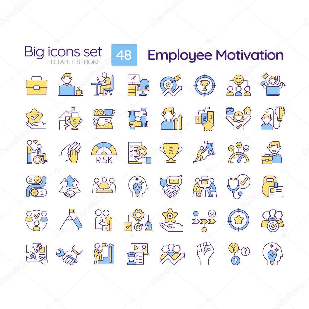Employee motivation RGB color icons set. Job satisfaction. Positive attitude. Career development. Isolated vector illustrations. Simple filled line drawings collection. Editable stroke