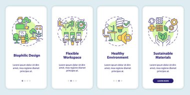 Sürdürülebilir ofis mobil uygulama ekranını temsil eden 2D renkli ince çizgi simgeleri. 4 adım grafik talimatları, UI, UX, GUI şablonu.
