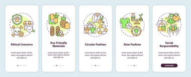 Sürdürülebilir ofis mobil uygulama ekran setini temsil eden 2D renkli doğrusal simgeler. 5 adım grafik talimatları, UI, UX, GUI şablonu.