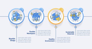 Satır simgeleriyle 2B sürdürülebilir ofis vektör bilgi şablonu, 4 adımla veri görselleştirmesi, zaman çizelgesi.