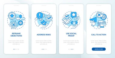 Mobil uygulama ekranında mavi kullanım tekniklerine itiraz ediyorum. Satışlar, doğrusal kavramlarla birlikte düzenlenebilir grafik talimatlarını dört adımda sunar. UI şablonu. Kullanılan sayısız Pro-Kalın, Düzenli yazı tipleri
