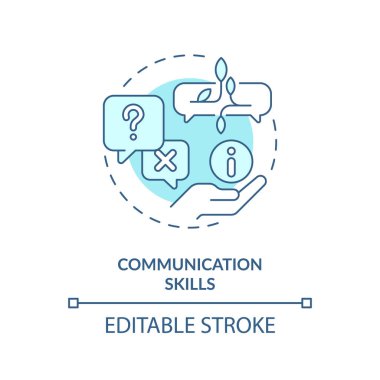 İletişim becerileri yumuşak mavi konsept simgesi. Etkili toplantı. Ürün bilgileri. Satış sunumu. Müşteri hizmetleri. Yuvarlak şekil çizimi. Soyut bir fikir. Grafik tasarımı. Kullanımı kolay