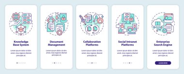 Bilgi yönetimi mobil uygulama ekran setini temsil eden 2D renkli ince çizgi simgeleri. 5 adım grafik talimatları, UI, UX, GUI şablonu.