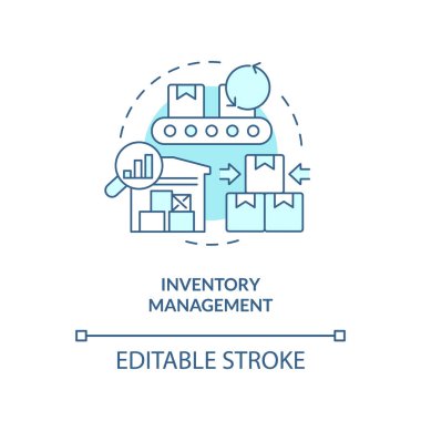 2B düzenlenebilir envanter yönetimi mavi ince çizgi simgesi konsepti, izole vektör, aşırı üretimi temsil eden illüstrasyon.