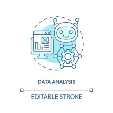 2B düzenlenebilir veri analizi mavi ince çizgi simgesi konsepti, izole edilmiş vektör, aşırı üretimi temsil eden illüstrasyon.