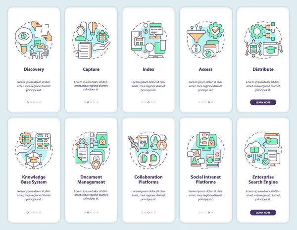 Bilgi yönetimi mobil uygulama ekranını temsil eden 2D simgeler. İnce çizgi simgeleri konsepti, UI, UX, GUI şablonu ile 5 basamaklı renkli grafik komutları.