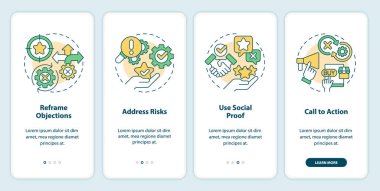 Mobil uygulama ekranında kullanılan tekniklere itiraz ediyorum. Satış pazarlığı, doğrusal kavramlarla düzenlenebilir grafik talimatlarını dört adımda gözden geçirir. UI şablonu. Kullanılan sayısız Pro-Kalın, Düzenli yazı tipleri