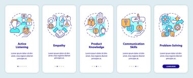 Mobil uygulama ekranında satış elemanı temel becerileri. Satış kariyeri boyunca, doğrusal kavramlarla birlikte düzenlenebilir grafik talimatları sunar. UX, GUI şablonu. Kullanılan sayısız Pro-Kalın, Düzenli yazı tipleri