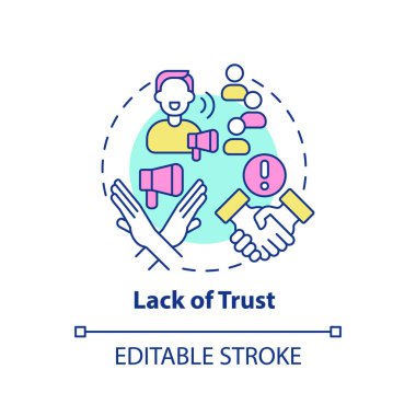 Güven eksikliği çok renkli konsept simgesi. Müşteri güveni. Şirket itibarı. Kapanış anlaşması. Satış itirazı. Yuvarlak şekil çizimi. Soyut bir fikir. Grafik tasarımı. Kullanımı kolay